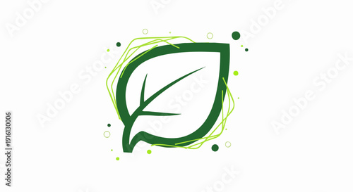 Green leaf icon with abstract brush strokes and dots.