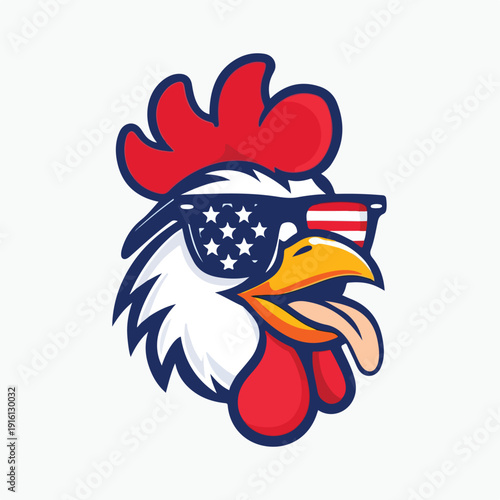Patriotic rooster mascot head wearing cool american flag sunglasses with tongue sticking out representing national pride and spirited fowl character design for sports teams or beverage brands.
