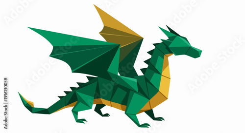 Green Origami Dragon with Yellow Accents Standing Proudly.