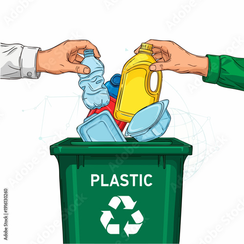 Hands depositing plastic waste into a green recycling bin.