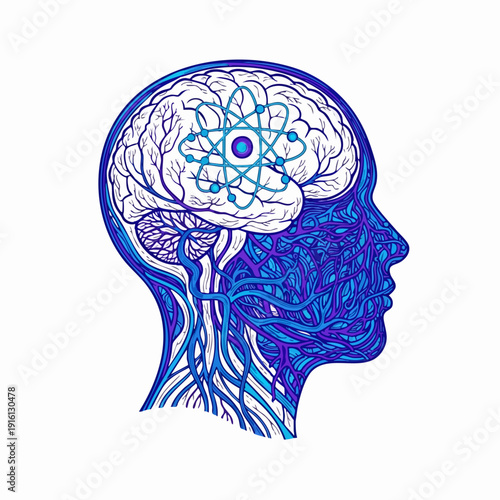 Human Brain with Atomic Structure Symbol Inside.
