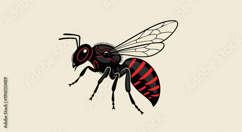 Illustration of a black and red striped wasp insect.