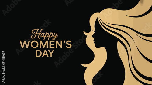 Happy Womens Day Golden Hair Woman Silhouette Vector Illustration Black Background