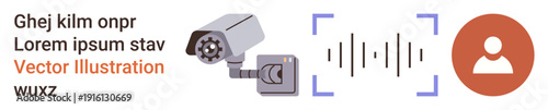 Surveillance, data analysis, audio recognition, technology, security, user identification. Features a security camera, sound waves and a user icon. Surveillance and data analysis concept