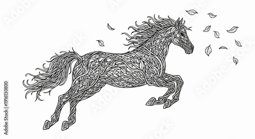 Intricate Line Art Horse Galloping with Flowing Mane and Tail.