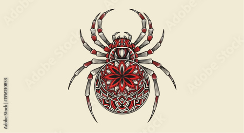 Intricate Mandala Spider Illustration with Red and White Patterns.