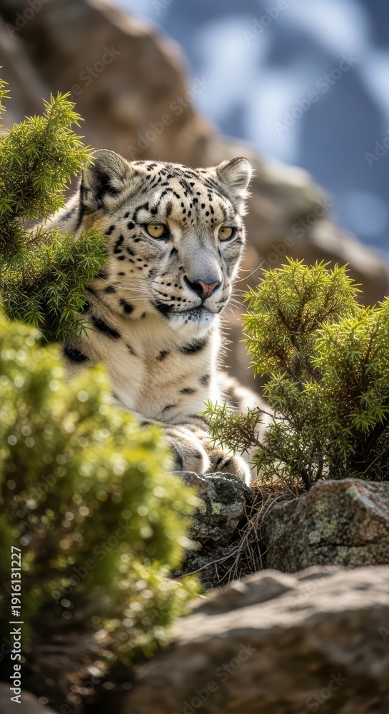 Obraz premium Majestic snow leopard resting among rocky mountain landscape with lush greenery and snow-capped peaks in the background