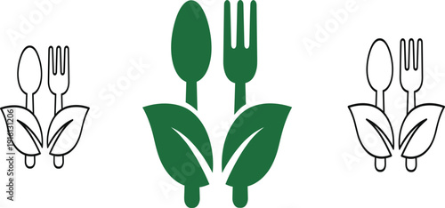 Eco Friendly Food Logo with Spoon Fork and Leaf Icon Organic Vegan Restaurant Symbol Vector Illustration