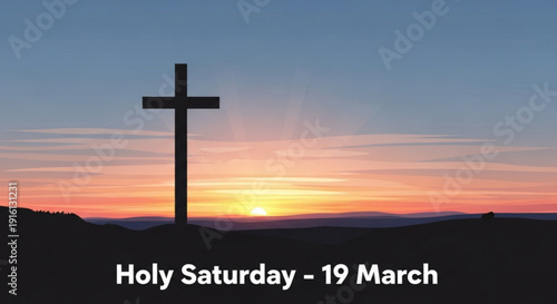 Cross silhouette at sunset on holy saturday march 19th easter religious symbol landscape