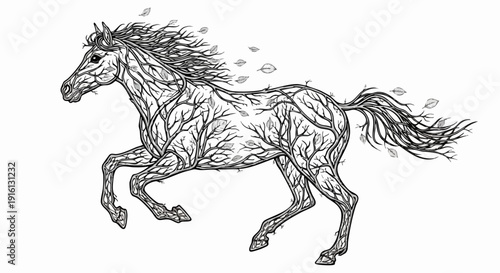 Majestic Horse Illustration Composed of Intricate Tree Branches and Leaves.