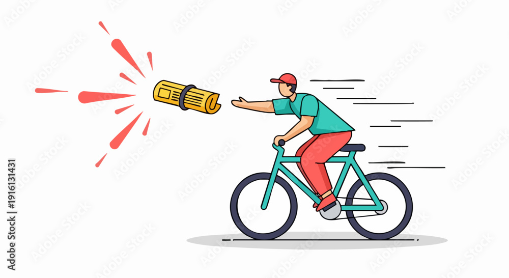 Fototapeta premium Man on bicycle delivering rolled document with explosion effect.