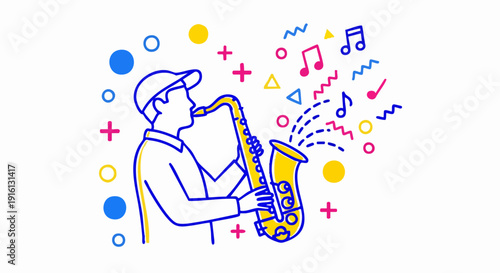 Man playing saxophone with musical notes and colorful shapes.