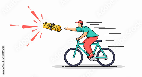 Man on bicycle delivering rolled document with explosion effect.