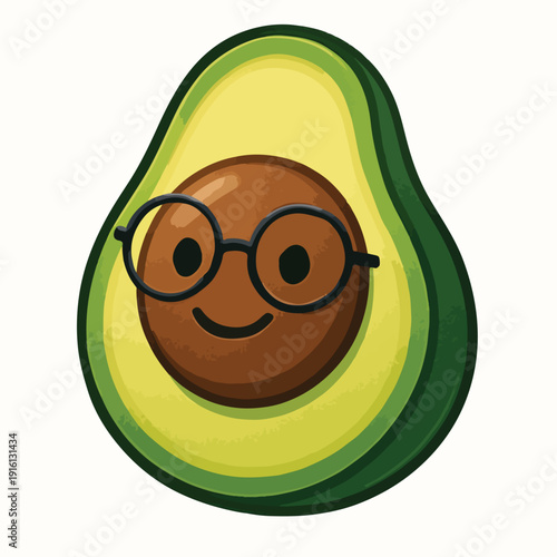 Cute cartoon illustration of a halved avocado fruit character featuring a smiling face and round black glasses representing intelligence or a fun mascot concept for healthy eating.