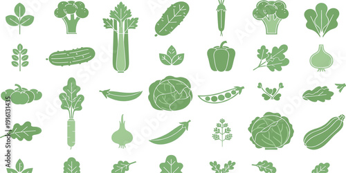Green Vegetable Icon Set with Broccoli, Cabbage, Carrot, Pepper, Pea, and Leafy Greens Flat Vector Collection