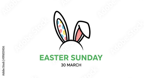 Easter sunday bunny ears on white background with colorful accents and date 30 march