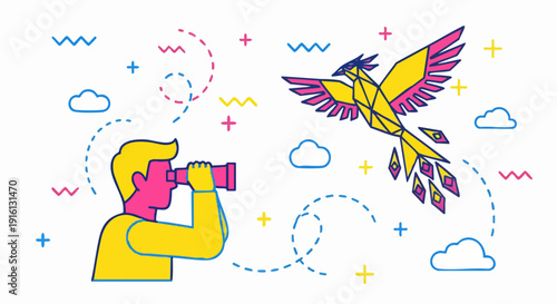 Man with binoculars observes a colorful geometric phoenix bird flying.
