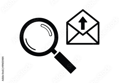 Black magnifying glass and envelope with upward arrow in monochrome line
