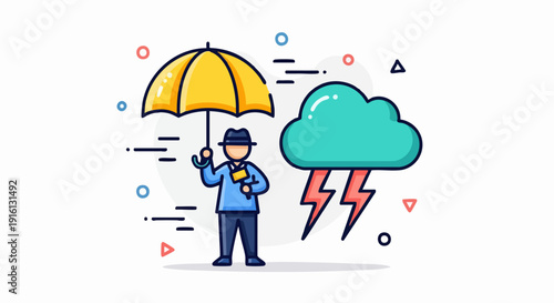Man with umbrella facing stormy weather and lightning.