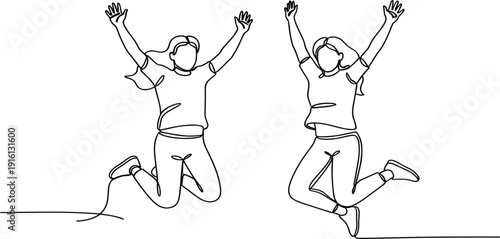 Happy Jumping Woman Continuous Line Drawing Set with Joyful Celebration Pose, Freedom and Success Concept Minimal Outline Vector Illustration for Lifestyle Design