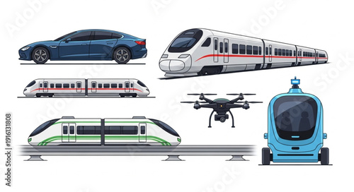 Modern transportation vehicles including cars trains drone and futuristic pod.