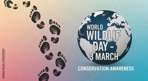 World wildlife day poster with globe and footprints on colorful background for conservation awareness