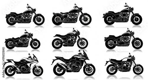 Collection of nine different motorcycle illustrations in black and white.