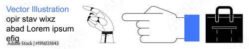 Navigation, direction, business planning, decision-making, guidance, communication. A robotic pointing hand, a stylized gesture and a briefcase. Navigation and business planning concept