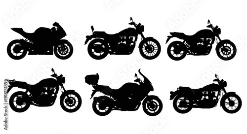 Collection of Six Motorcycle Silhouettes on White Background.