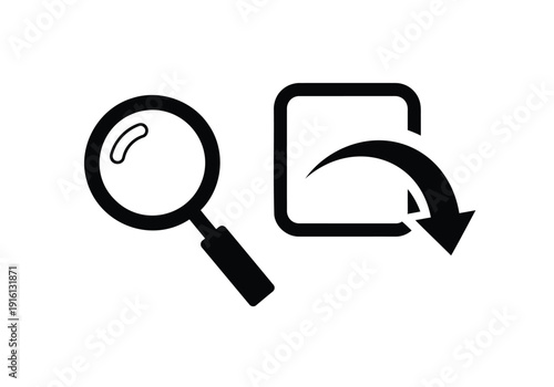 Black magnifying glass and refresh arrow on white background