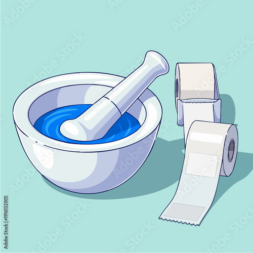 Mortar and Pestle with Blue Liquid and Toilet Paper Rolls.