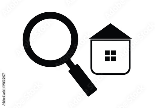 Black magnifying glass over black and white house on white background