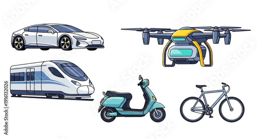 Collection of modern transportation vehicles and devices.