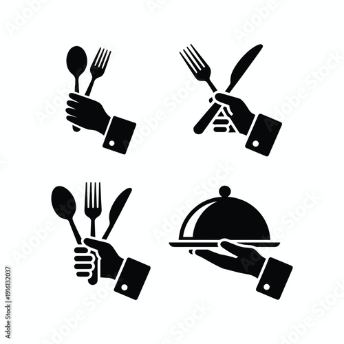 Black and white of hands holding restaurant utensils and serving dish cutlery vector illustration isolated on white background