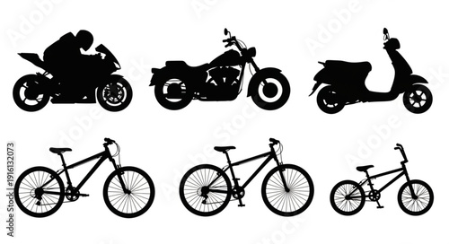 Collection of Silhouettes of Motorcycles Scooters and Bicycles.