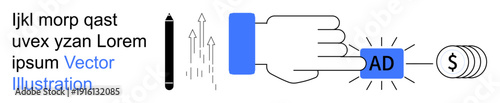 Digital marketing, online advertising, revenue generation, pay-per-click, web monetization, financial transactions. Hand pressing blue ad button connecting to dollar symbol. Digital marketing