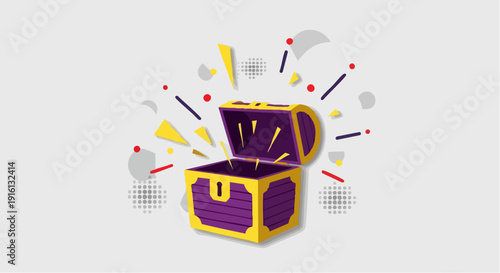 Open Treasure Chest with Bursting Energy and Geometric Shapes.