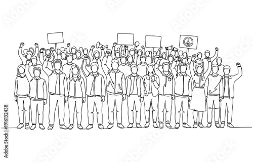 Crowd of people shouting or singing one line drawing.