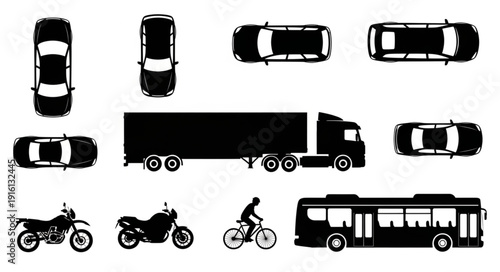 Collection of Vehicle Silhouettes Seen From Above.