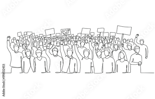 Crowd of people shouting or singing one line drawing.
