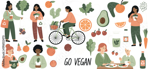 Vegan Lifestyle Illustration Set with People Eating Healthy Plant Based Food, Organic Groceries, and Eco Friendly Living Vector Collection
