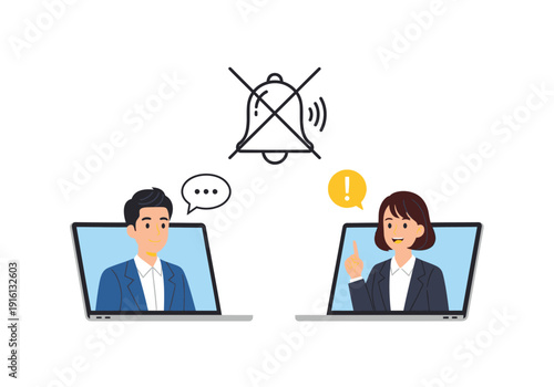 Two people in a call with muted audio and visual communication cues on laptops woman computers