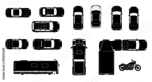 Collection of Vehicle Silhouettes from Top View.