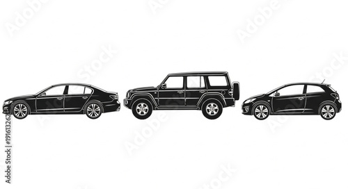 Three diverse vehicle types shown in silhouette illustration.