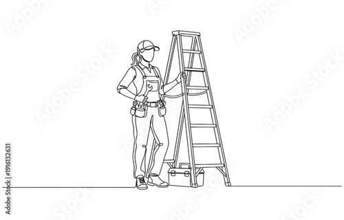 Continuous one line drawing repairwoman with ladder.