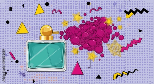 Perfume bottle spraying vibrant pink fragrance cloud.