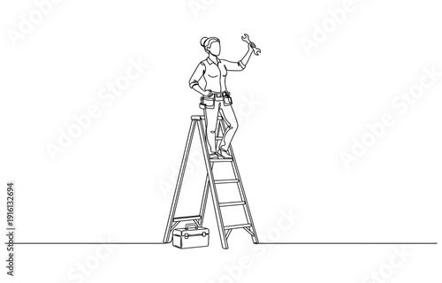 Continuous one line drawing repairwoman with ladder.