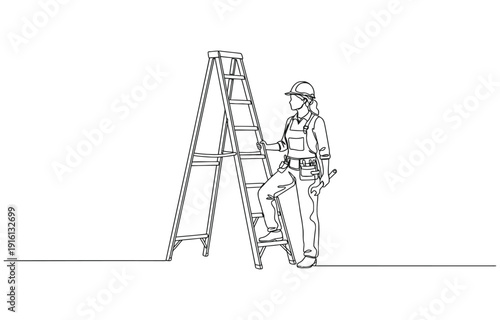 Continuous one line drawing repairwoman with ladder.