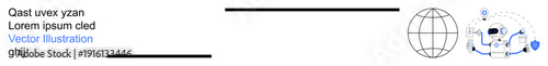 Communication networks, global reach, digital transformation, connection, technology, worldwide web. A globe with digital nodes and connected icons. Communication networks and global reach concept