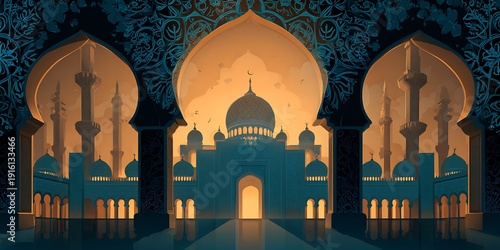Beautiful Islamic Mosque Architecture with Intricate Arches and Minarets Illuminated at Night